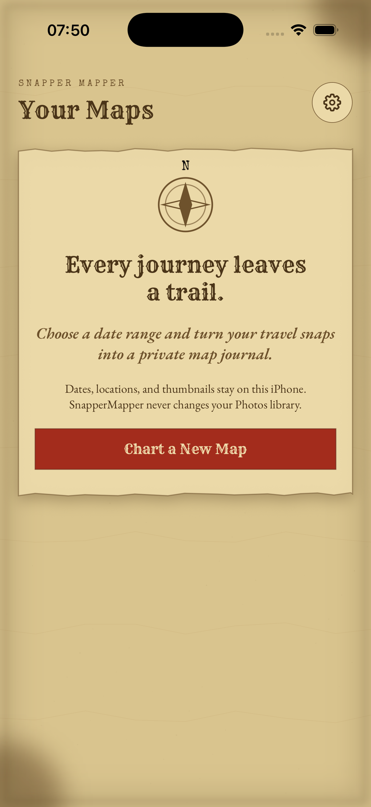 SnapperMapper home screen on parchment, with the compass empty state and a red Chart a New Map button